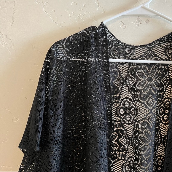 Black Lace Sheer Lace Fringe Trim Open Front Kimono Small - Picture 2 of 7